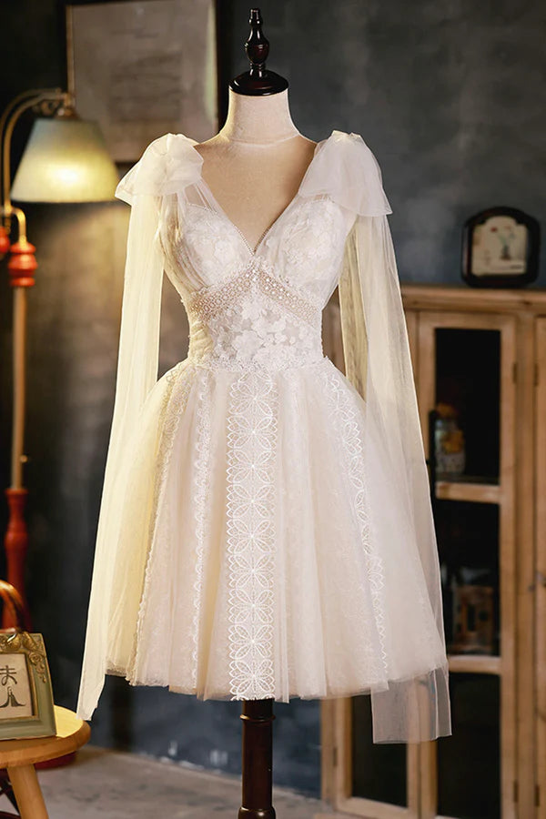 Wholesale Champagne V-Neck Lace Short Prom Dress Lovely A-Line Evening Party Dress