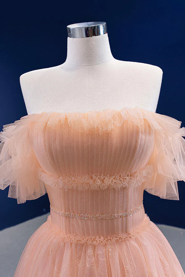 Wholesale Pink Tulle Lace Strapless Prom Dress Pink A-Line Evening Party Dress