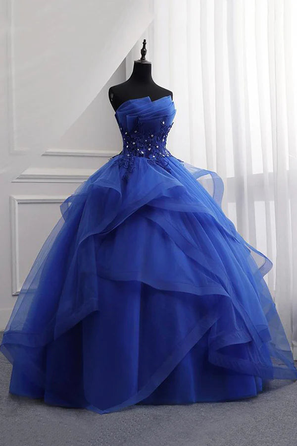 Wholesale Blue Lace Strapless Ball Gown Formal Dress Blue Long Sweet 16 Dress
