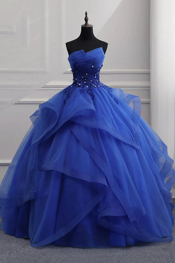 Wholesale Blue Lace Strapless Ball Gown Formal Dress Blue Long Sweet 16 Dress