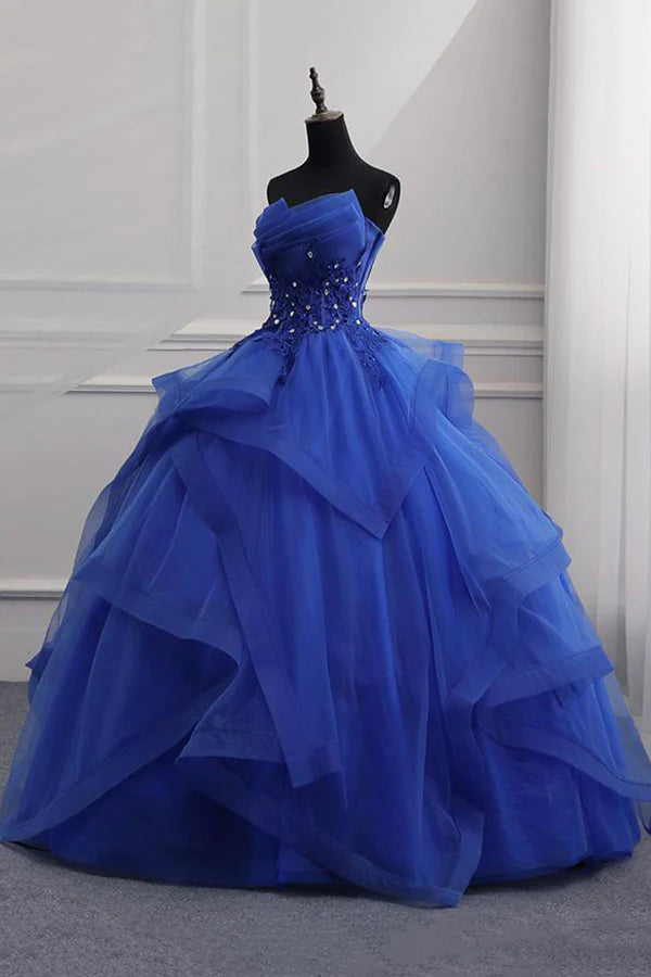 Wholesale Blue Lace Strapless Ball Gown Formal Dress Blue Long Sweet 16 Dress