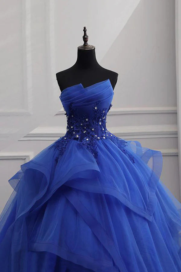 Wholesale Blue Lace Strapless Ball Gown Formal Dress Blue Long Sweet 16 Dress