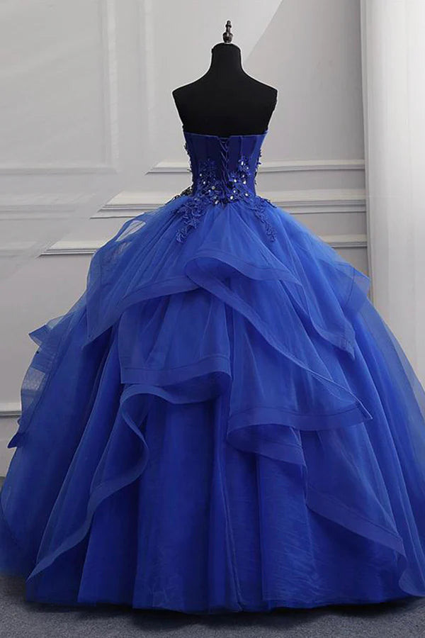 Wholesale Blue Lace Strapless Ball Gown Formal Dress Blue Long Sweet 16 Dress