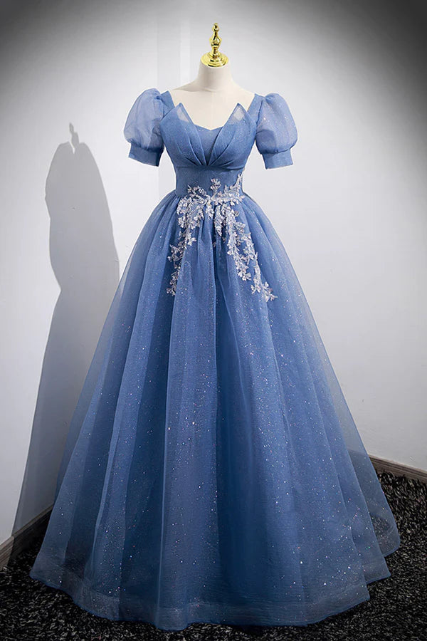 Wholesale Blue Tulle Lace Floor Length Prom Dress Blue Short Sleeve Evening Dress