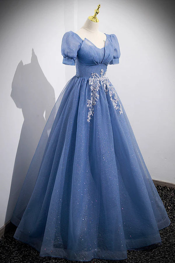 Wholesale Blue Tulle Lace Floor Length Prom Dress Blue Short Sleeve Evening Dress