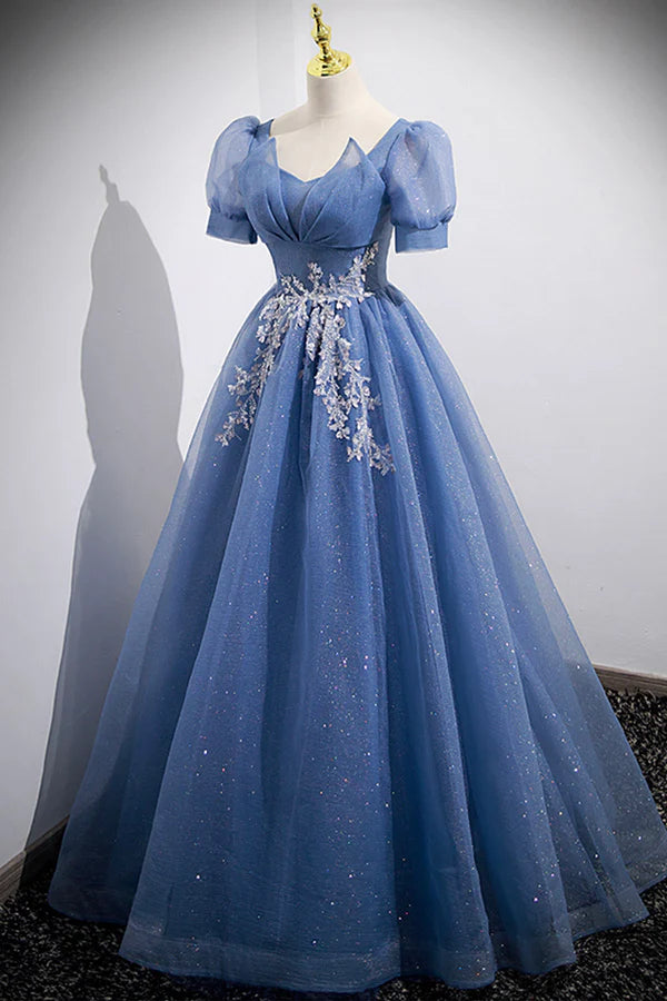 Wholesale Blue Tulle Lace Floor Length Prom Dress Blue Short Sleeve Evening Dress