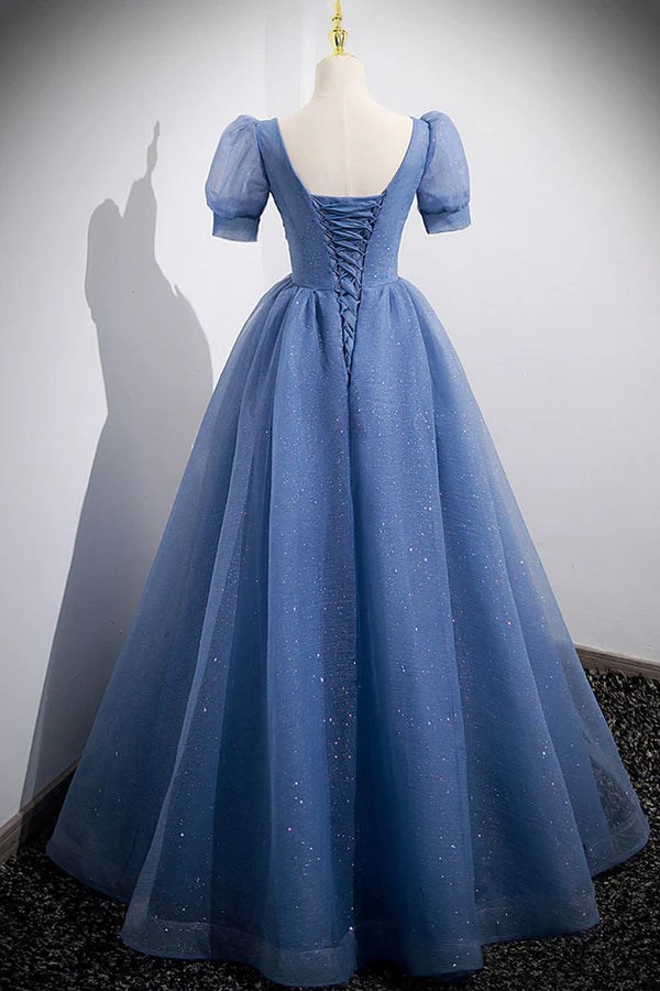 Wholesale Blue Tulle Lace Floor Length Prom Dress Blue Short Sleeve Evening Dress