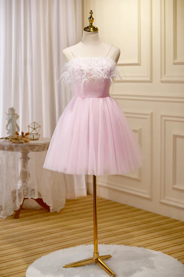 Wholesale Pink Spaghetti Strap Tulle Short Prom Dress with Feather Pink Party Dress