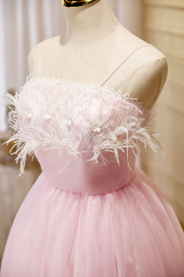 Wholesale Pink Spaghetti Strap Tulle Short Prom Dress with Feather Pink Party Dress