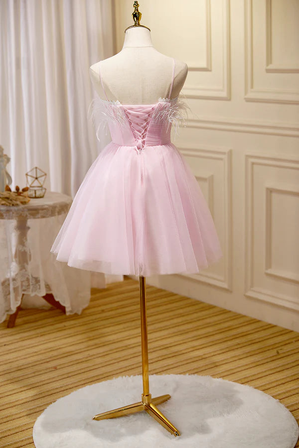 Wholesale Pink Spaghetti Strap Tulle Short Prom Dress with Feather Pink Party Dress