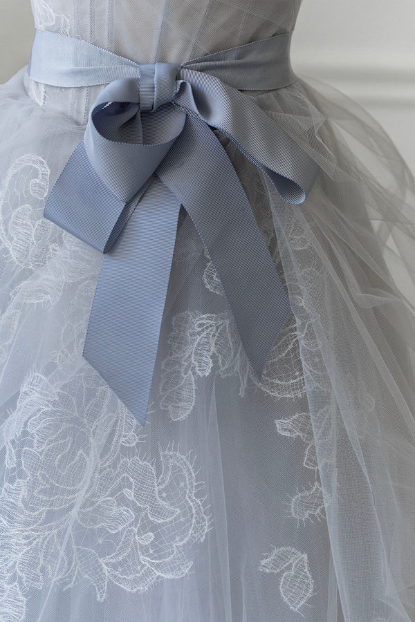 Wholesale Gray Blue Lace Long Prom Dress Strapless Evening Party Dress