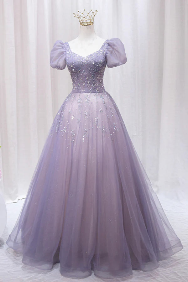 Wholesale Purple Tulle Beaded Long Formal Dress Cute A-Line Evening Dress