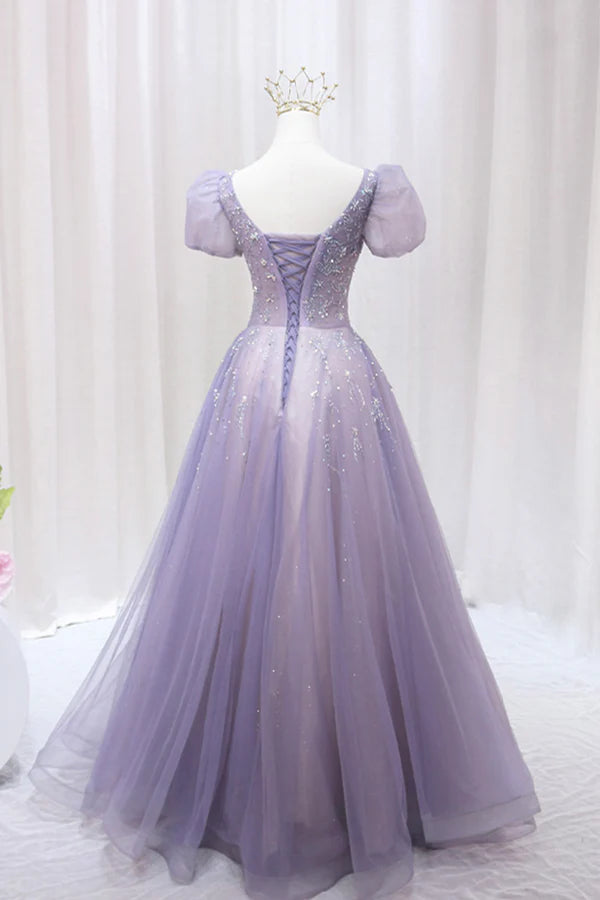 Wholesale Purple Tulle Beaded Long Formal Dress Cute A-Line Evening Dress