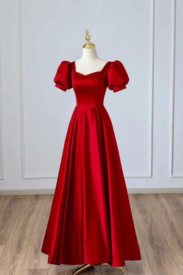 Wholesale Red Satin Long Prom Dress Simple A-Line Short Sleeve Evening Party Dress