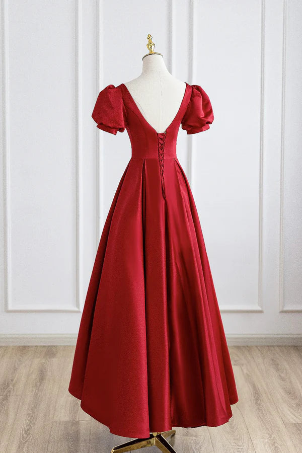 Wholesale Red Satin Long Prom Dress Simple A-Line Short Sleeve Evening Party Dress