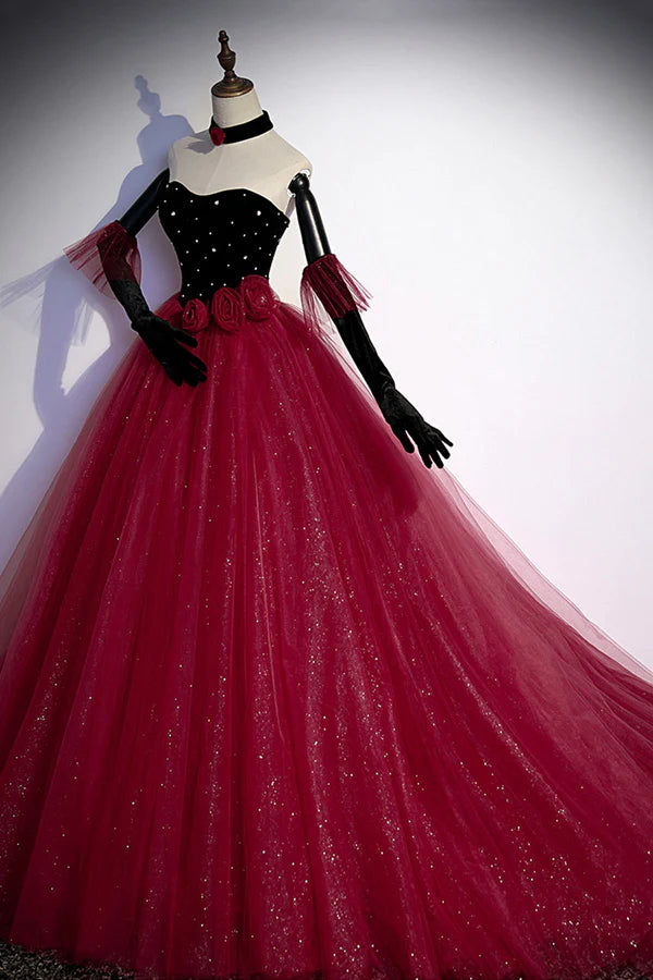 Wholesale Burgundy Strapless Tulle Long Prom Dress A-Line Evening Party Dress
