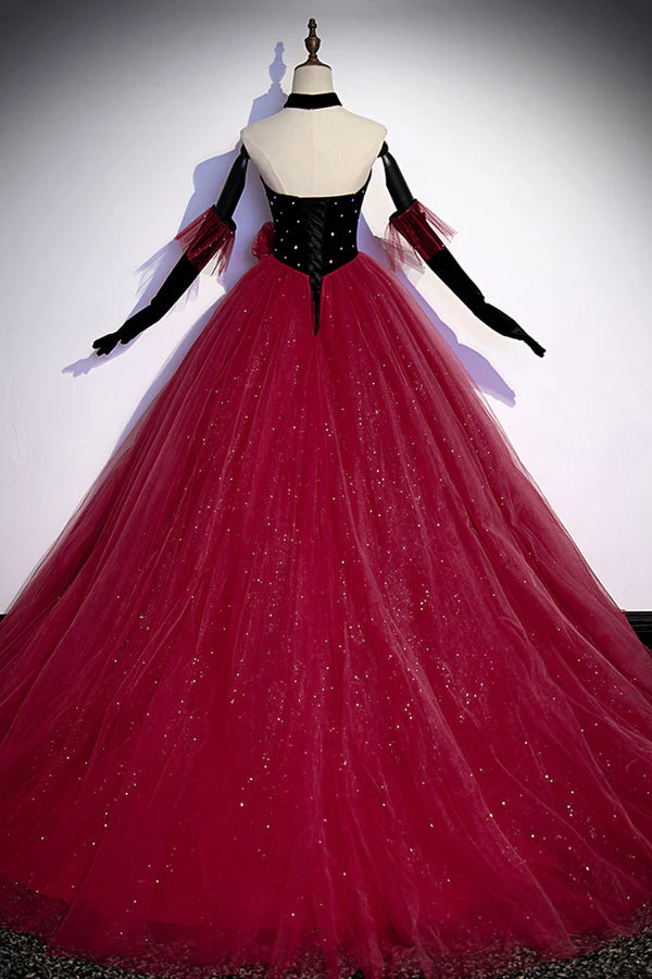 Wholesale Burgundy Strapless Tulle Long Prom Dress A-Line Evening Party Dress