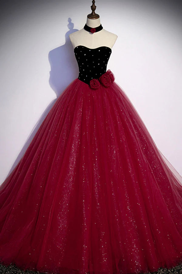Wholesale Burgundy Strapless Tulle Long Prom Dress A-Line Evening Party Dress