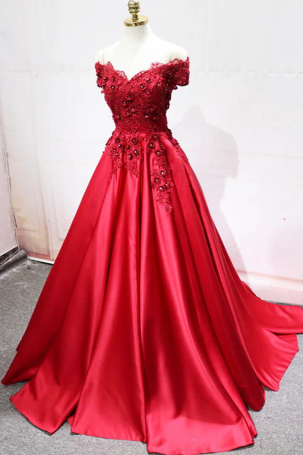 Wholesale Red Satin Lace Long Prom Dress Off Shoulder Evening Party Dress