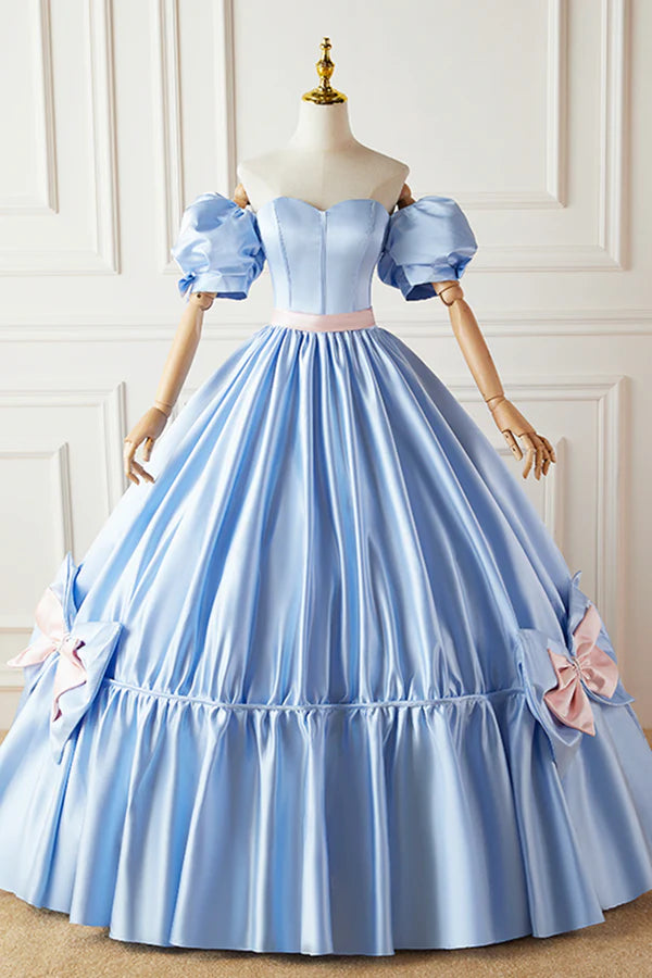 Wholesale Blue Satin Long Princess Dress Lovely Short Sleeve Ball Gown Sweet 16 Dress