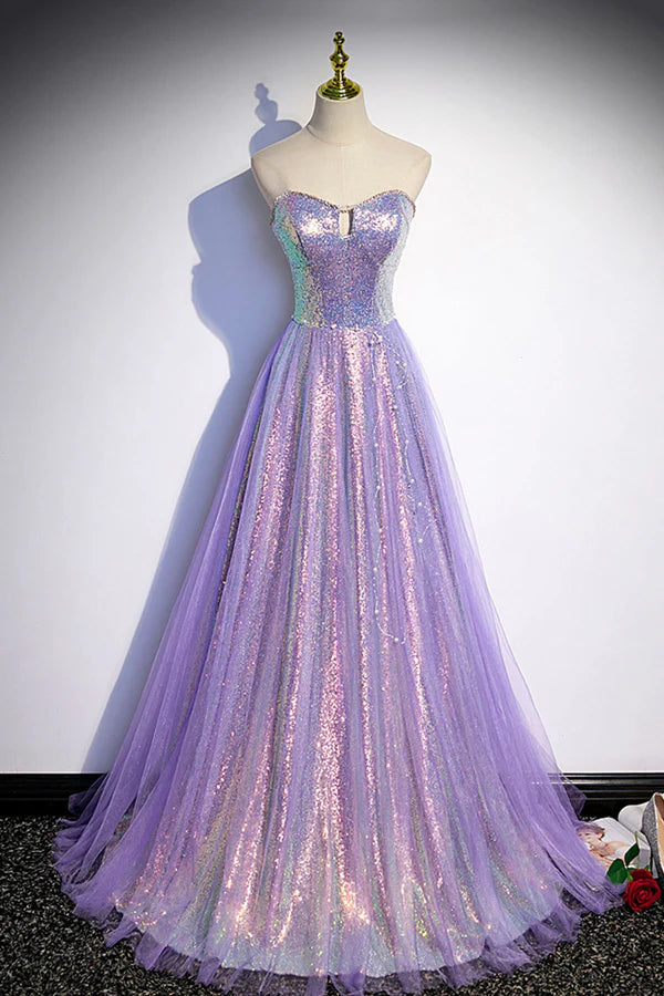 Wholesale Purple Sequins Long A-Line Prom Dress Purple Strapless Evening Graduation Dress