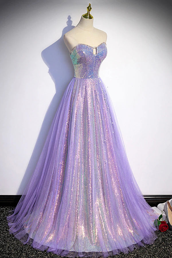 Wholesale Purple Sequins Long A-Line Prom Dress Purple Strapless Evening Graduation Dress