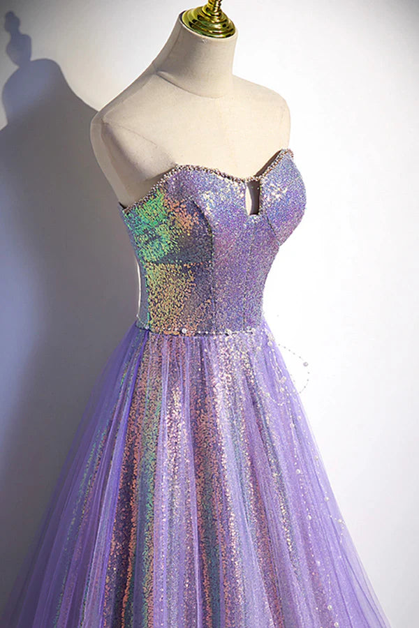 Wholesale Purple Sequins Long A-Line Prom Dress Purple Strapless Evening Graduation Dress