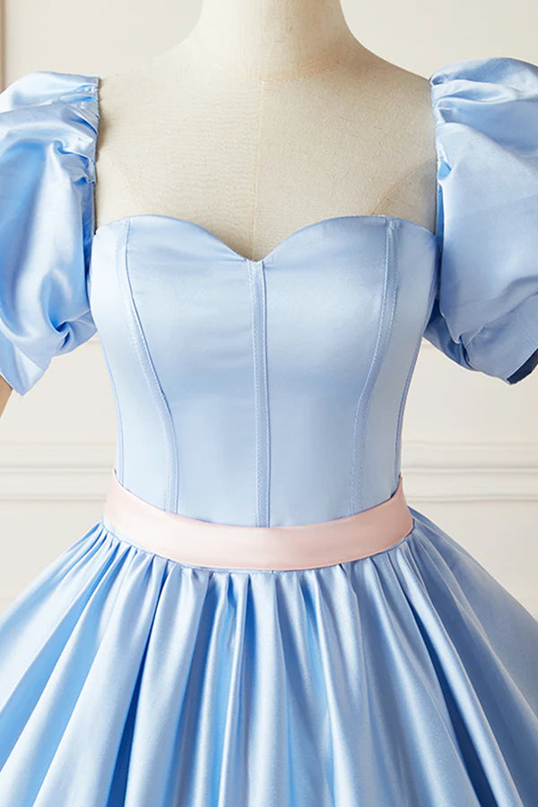 Wholesale Blue Satin Long Princess Dress Lovely Short Sleeve Ball Gown Sweet 16 Dress