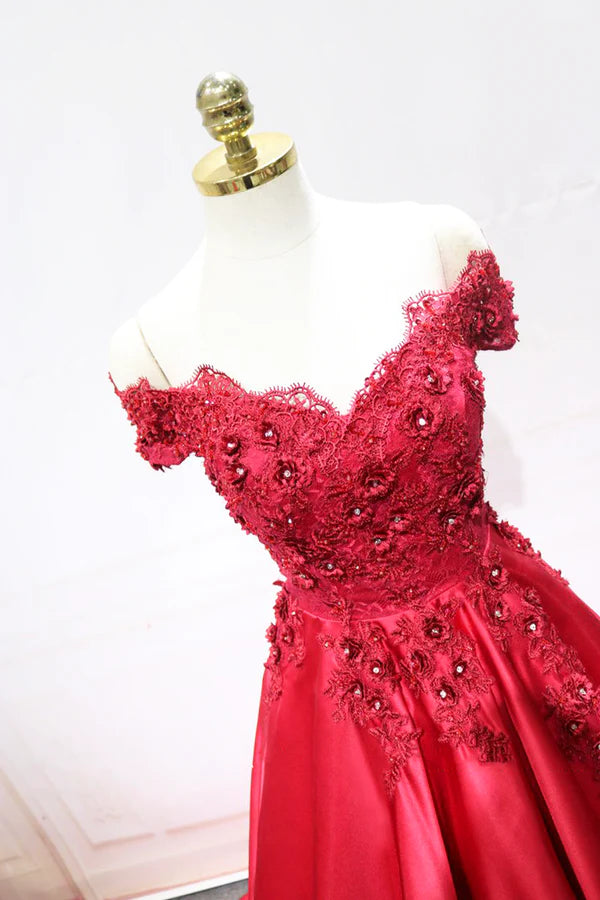 Wholesale Red Satin Lace Long Prom Dress Off Shoulder Evening Party Dress