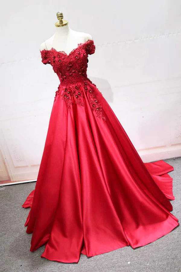 Wholesale Red Satin Lace Long Prom Dress Off Shoulder Evening Party Dress