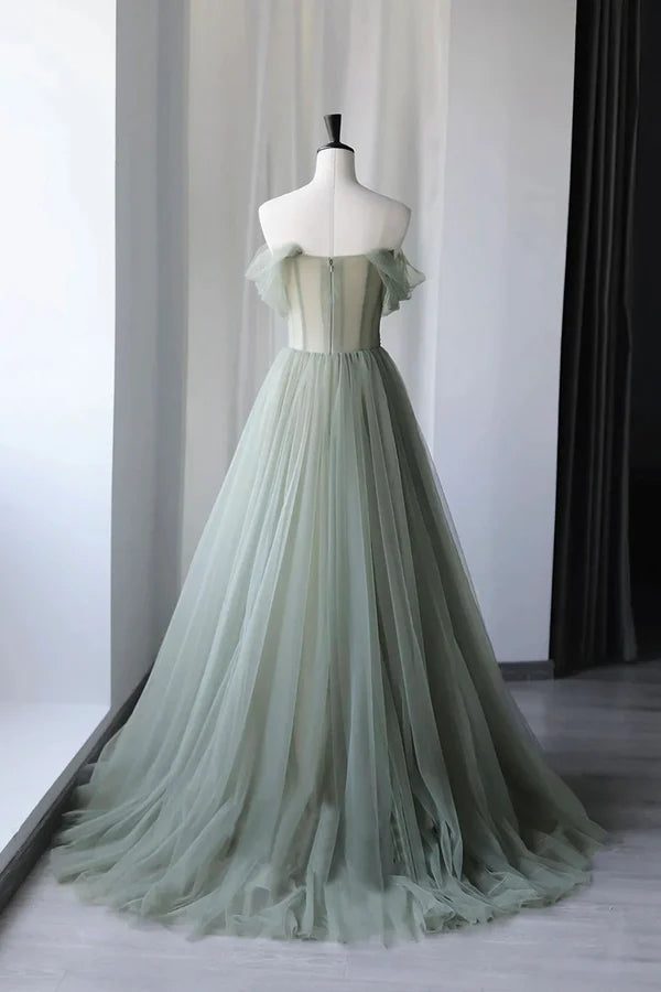 Wholesale Gray Green Tulle Long Prom Dress Lovely Off Shoulder A-Line Evening Dress