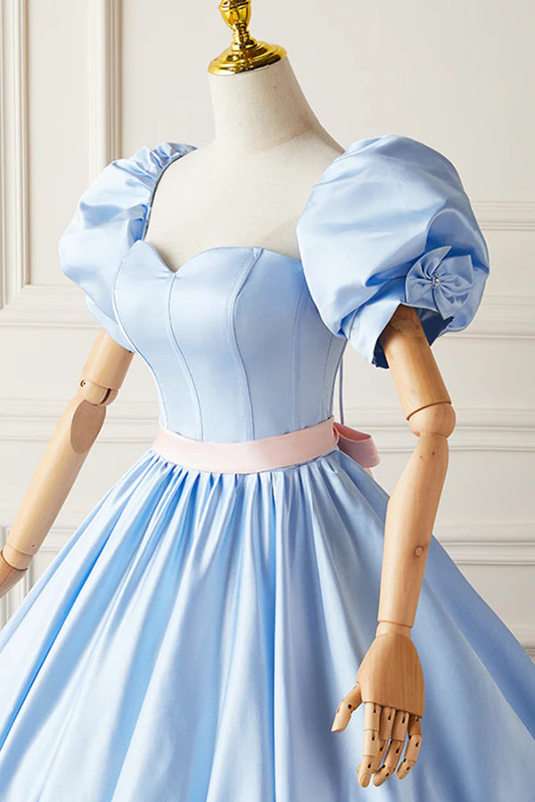 Wholesale Blue Satin Long Princess Dress Lovely Short Sleeve Ball Gown Sweet 16 Dress