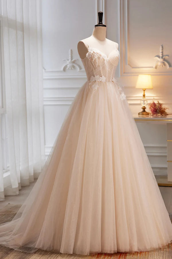 Wholesale Champagne Spaghetti Strap Tulle Formal Dress with Feathers Cute A-Line Evening Dress