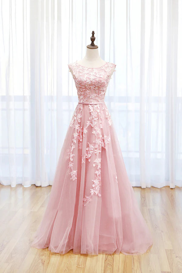 Wholesale Pink Tulle Lace Long Prom Dress Lovely A-Line Open Back Evening Dress