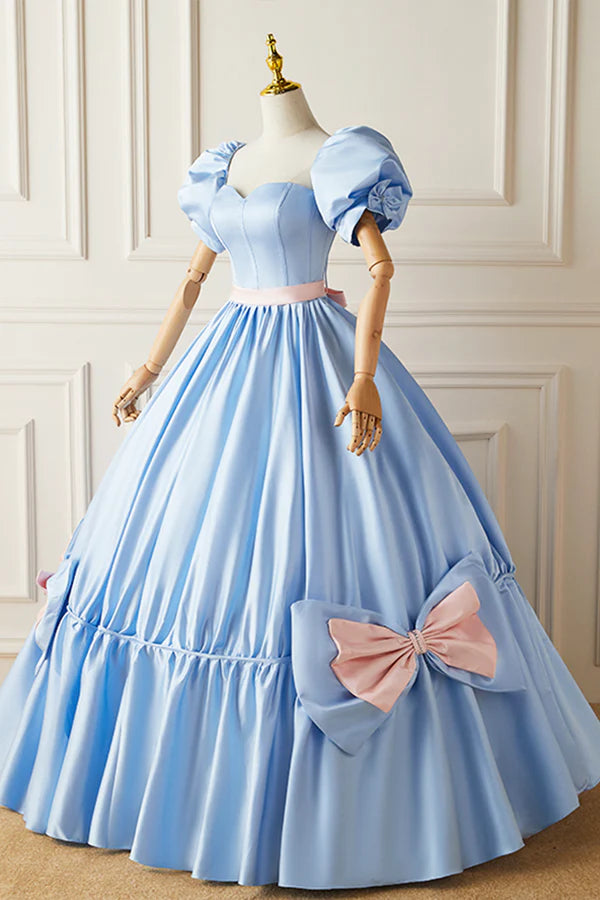 Wholesale Blue Satin Long Princess Dress Lovely Short Sleeve Ball Gown Sweet 16 Dress