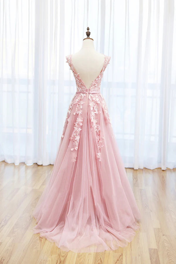 Wholesale Pink Tulle Lace Long Prom Dress Lovely A-Line Open Back Evening Dress