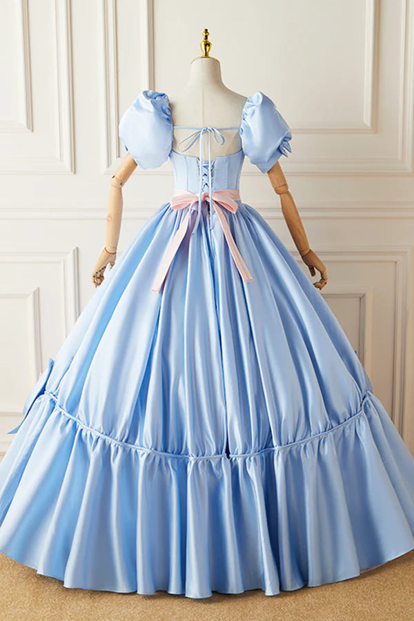 Wholesale Blue Satin Long Princess Dress Lovely Short Sleeve Ball Gown Sweet 16 Dress