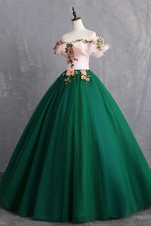 Wholesale Green Tulle Lace Long Prom Dress Cute Off Shoulder Evening Dress Party Dress