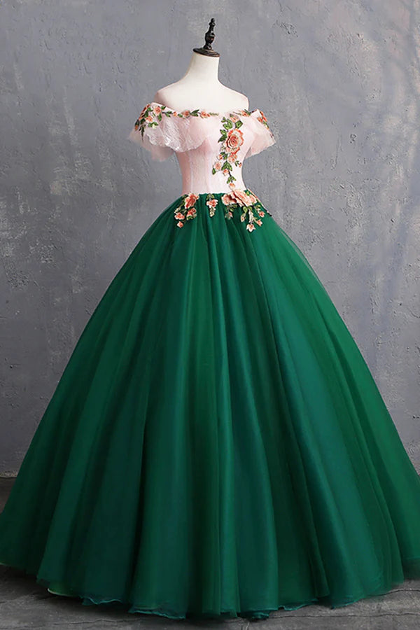 Wholesale Green Tulle Lace Long Prom Dress Cute Off Shoulder Evening Dress Party Dress
