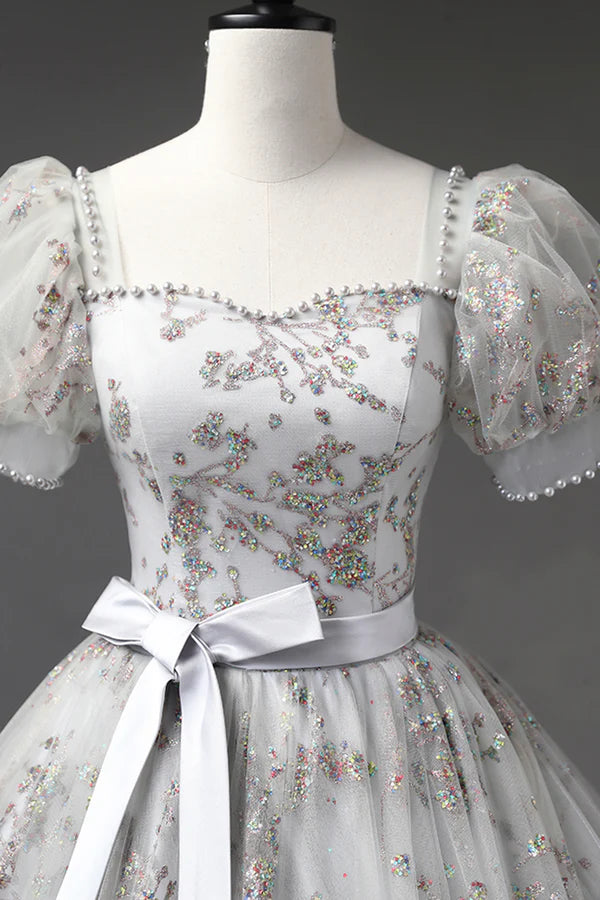 Wholesale Gray Tulle Sequins Long Prom Dress A-Line Evening Party Dress