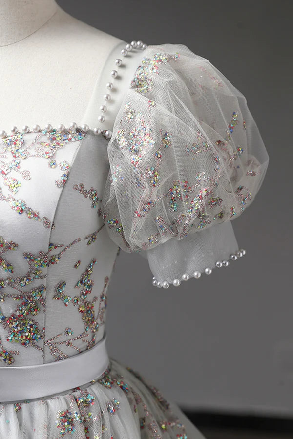 Wholesale Gray Tulle Sequins Long Prom Dress A-Line Evening Party Dress