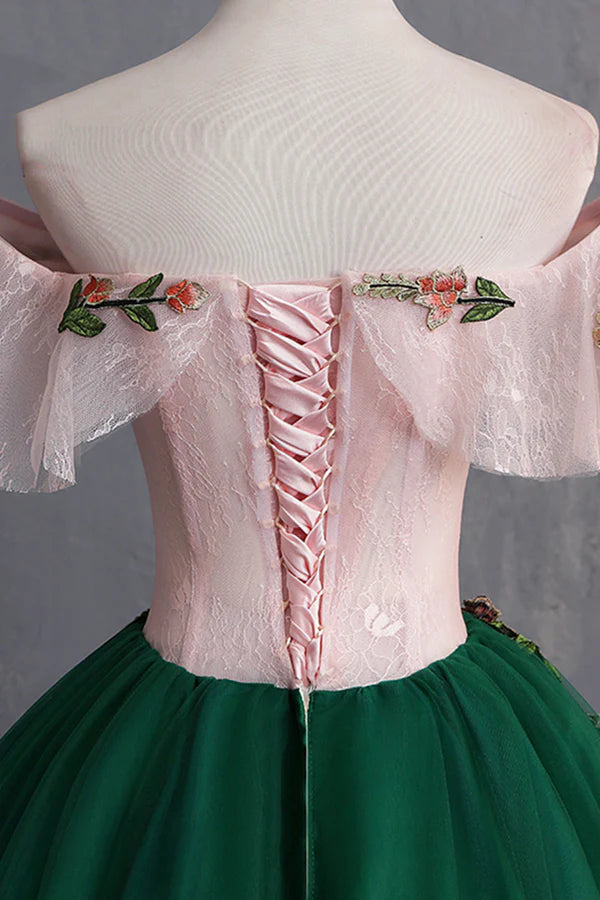 Wholesale Green Tulle Lace Long Prom Dress Cute Off Shoulder Evening Dress Party Dress