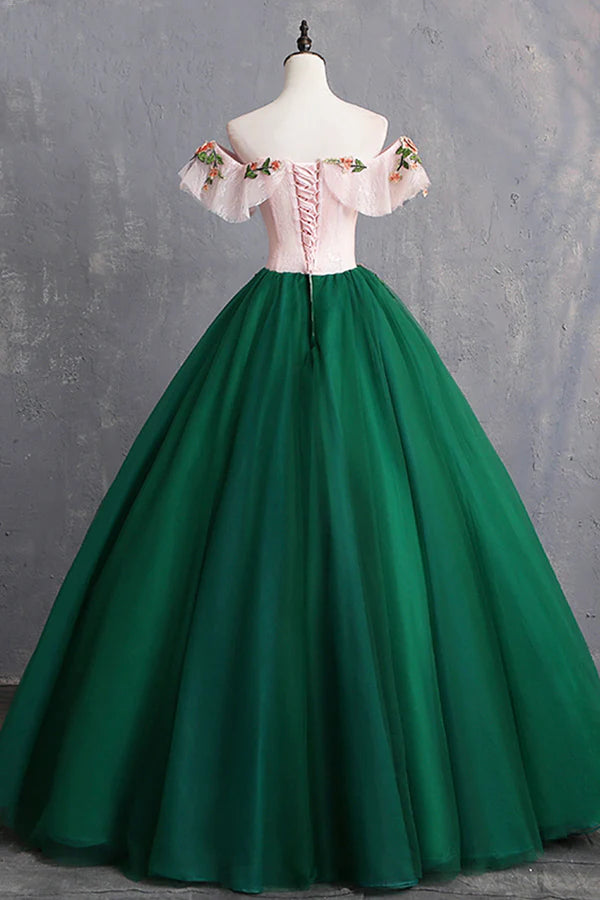 Wholesale Green Tulle Lace Long Prom Dress Cute Off Shoulder Evening Dress Party Dress