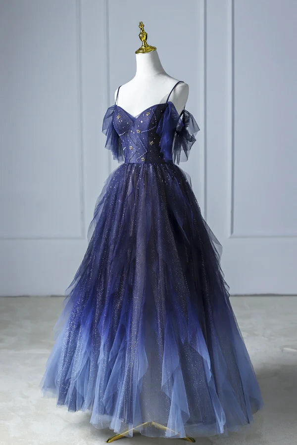 Wholesale Blue Gradient Tulle Long Prom Dress Beautiful Spaghetti Strap Evening Dress