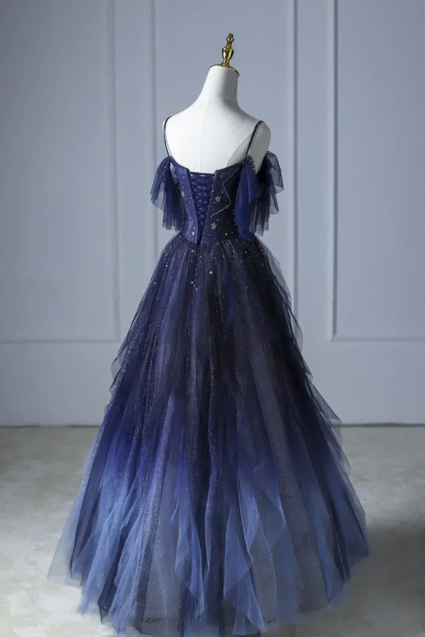 Wholesale Blue Gradient Tulle Long Prom Dress Beautiful Spaghetti Strap Evening Dress