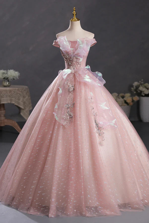 Wholesale Pink Tulle Long A-Line Prom Dress with Lace Beautiful Off Shoulder Sweet 16 Dress