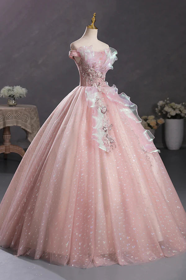 Wholesale Pink Tulle Long A-Line Prom Dress with Lace Beautiful Off Shoulder Sweet 16 Dress