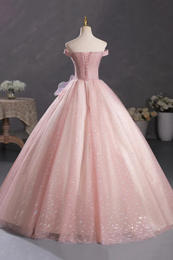 Wholesale Pink Tulle Long A-Line Prom Dress with Lace Beautiful Off Shoulder Sweet 16 Dress