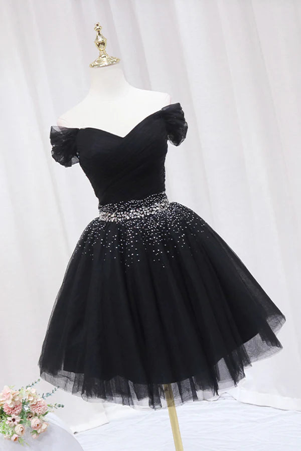 Wholesale Black Tulle Beaded Short Prom Dress Off Shoulder Evening Party Dress