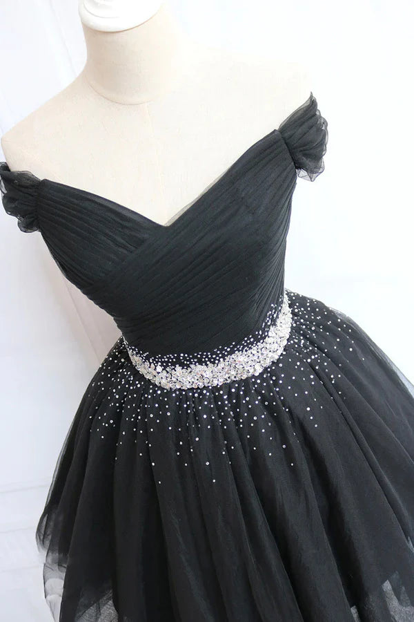 Wholesale Black Tulle Beaded Short Prom Dress Off Shoulder Evening Party Dress